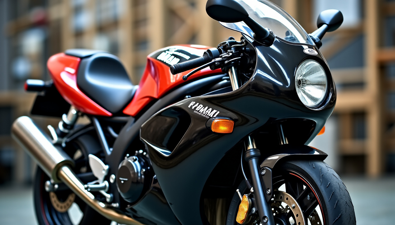 Atelier de restauration de motos anciennes avec une Kawasaki GPZ 900R Ninja en cours de remise en état