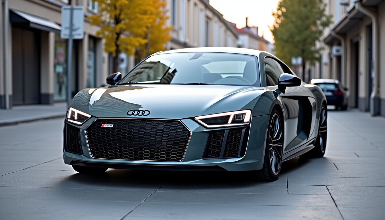 Audi R8 de première génération arborant la teinte Gris Nardo sur un fond urbain moderne