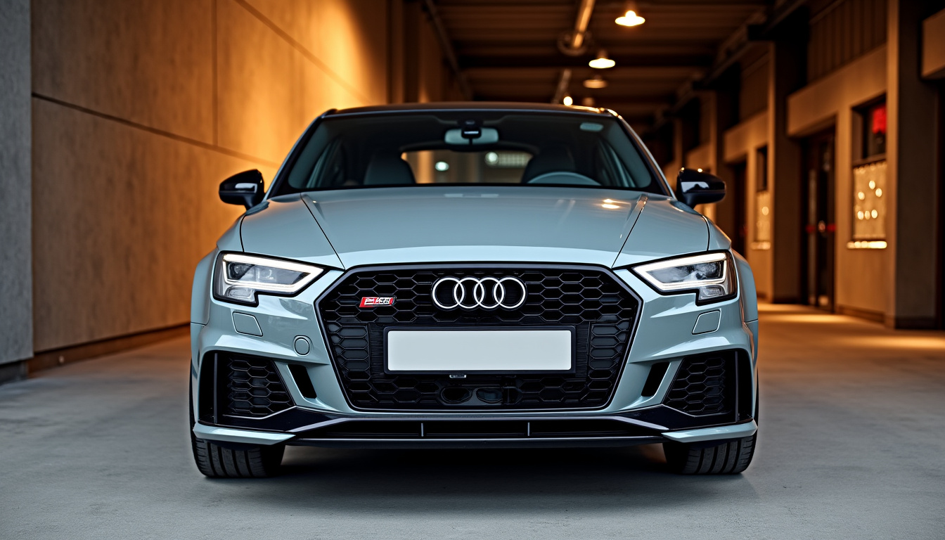 Audi RS3 en teinte Gris Nardo garée devant un décor industriel en soirée
