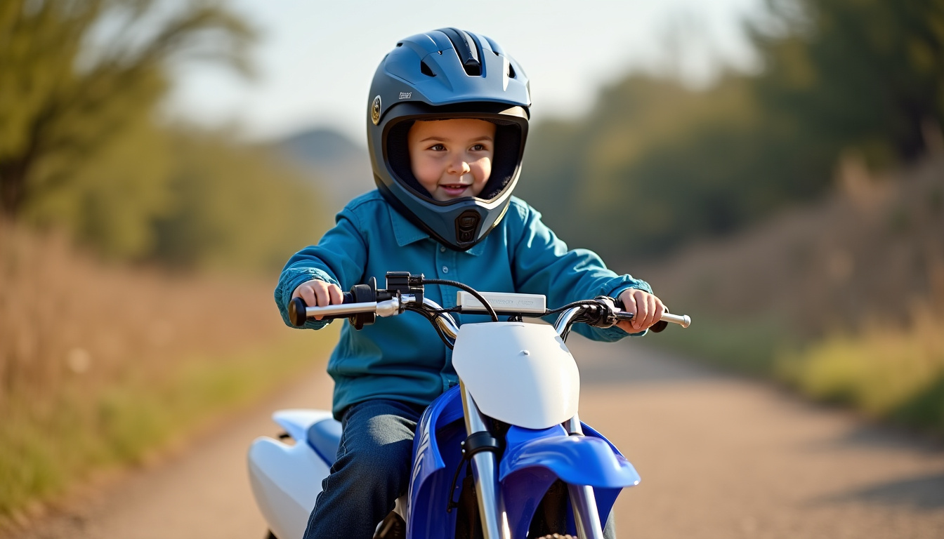 Enfant en train de conduire une Yamaha PW50 sur un terrain privé, équipé d’un casque et de protections