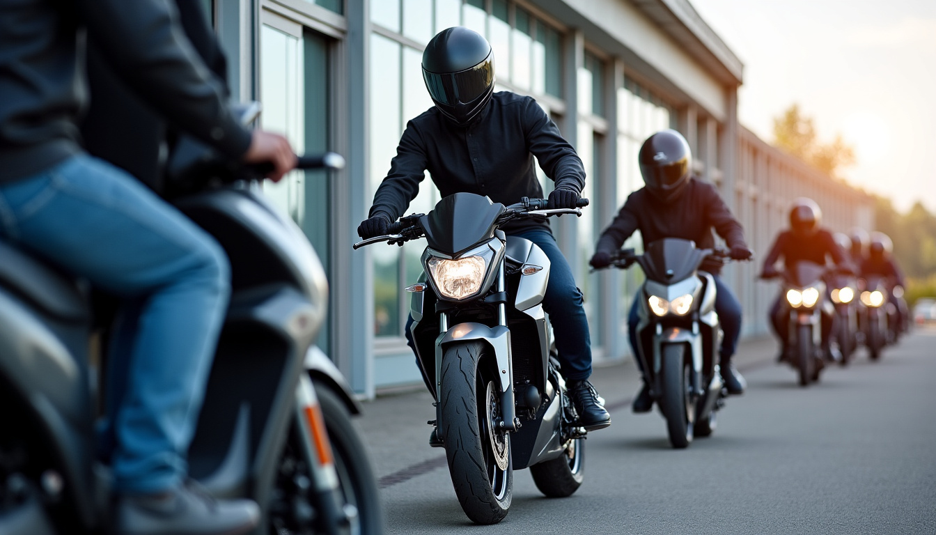 Groupe de motards en train de charger leurs motos au lever du jour pour une journée d