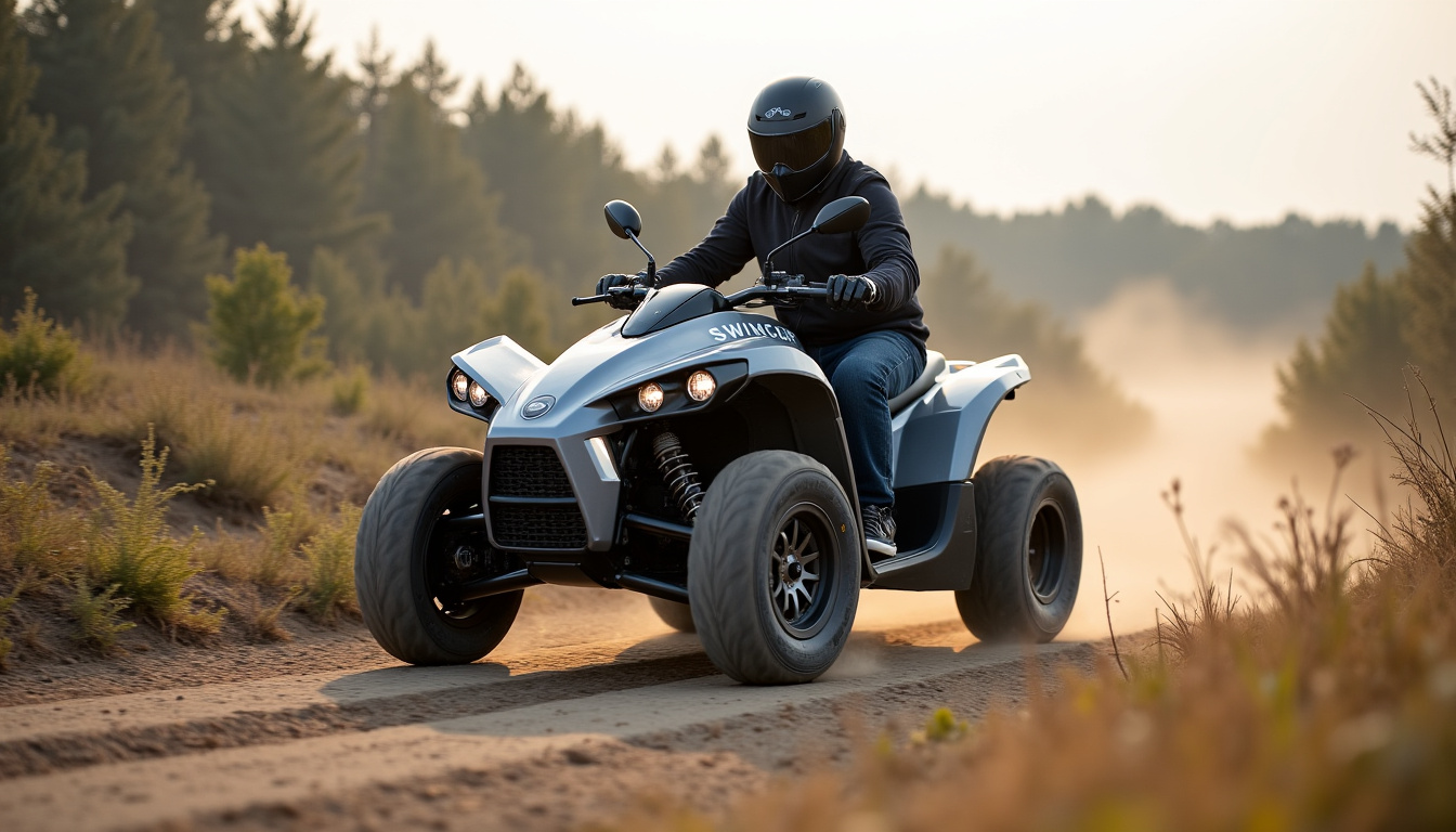 Quadricycle tout-terrain électrique Swincar e-Spider en action sur un terrain difficile
