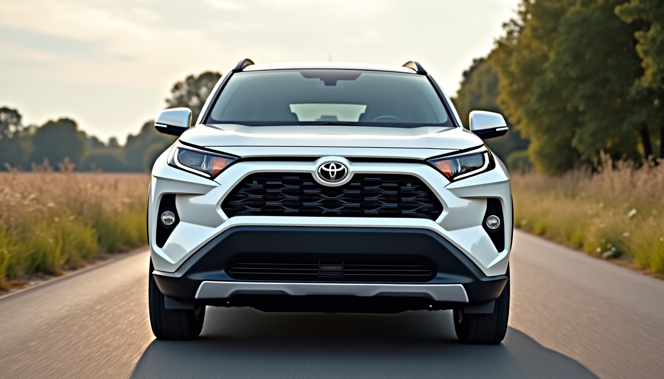 Toyota RAV4 2026 en extérieur, vue de face sur une route de campagne
