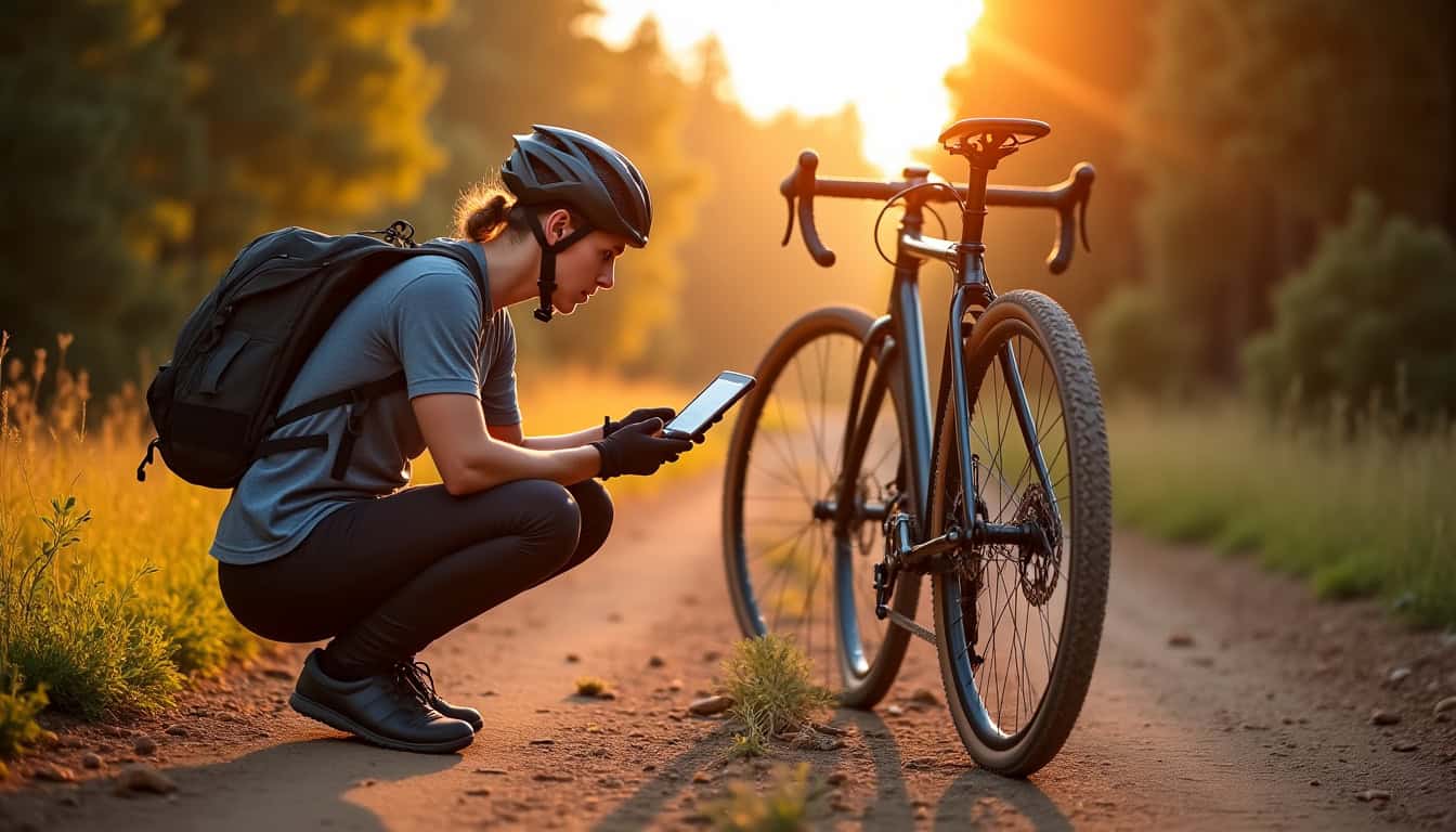 Cycliste vérifiant la pression de ses pneus de gravel avec un manomètre digital affichant bar et psi