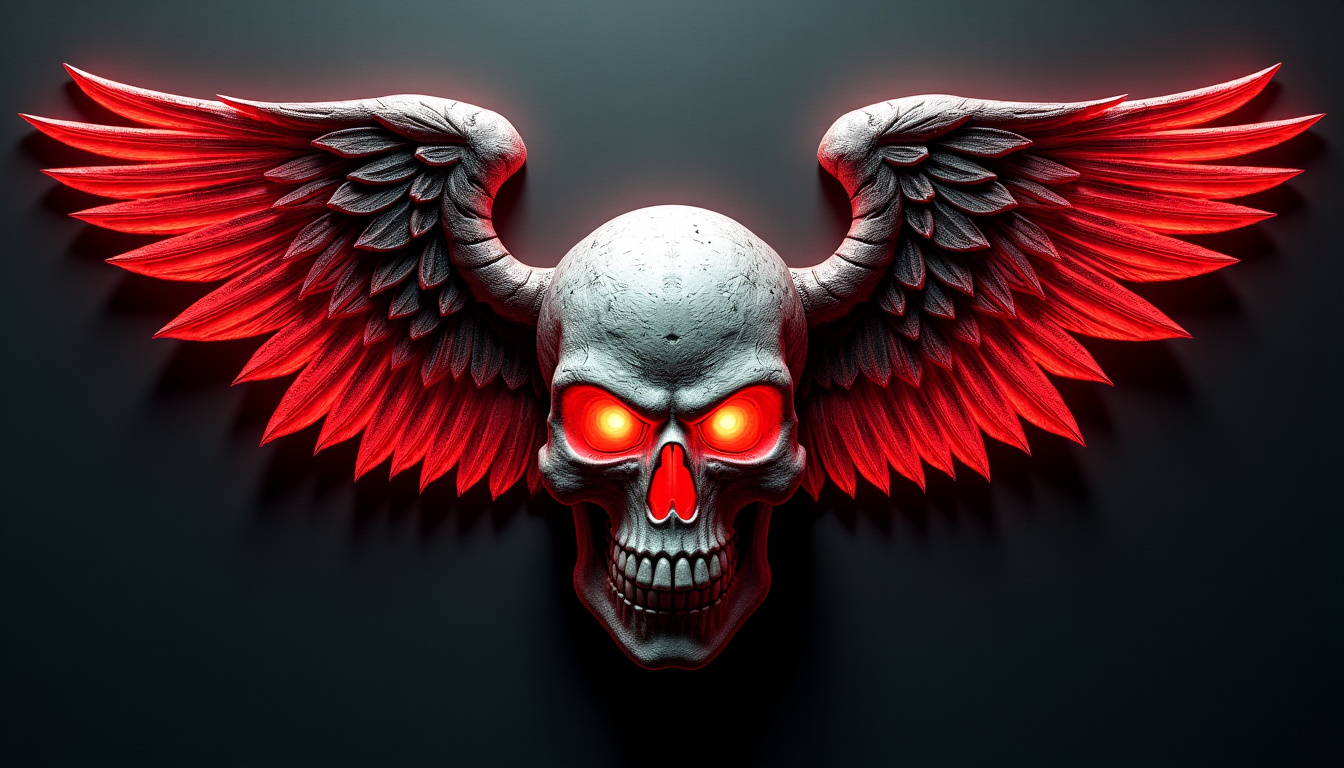 Emblème du club de motards Hells Angels représentant un crâne ailé sur fond rouge et blanc