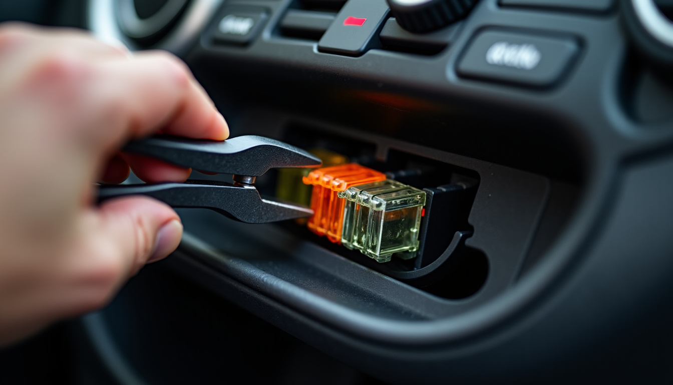 Main tenant une pince pour retirer un fusible grillé de la boîte à fusibles sous le tableau de bord d