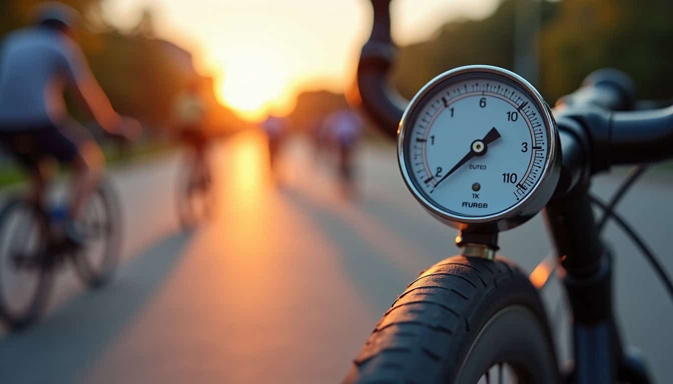 Manomètre affichant simultanément les valeurs en bar et en psi pour un pneu de vélo de route