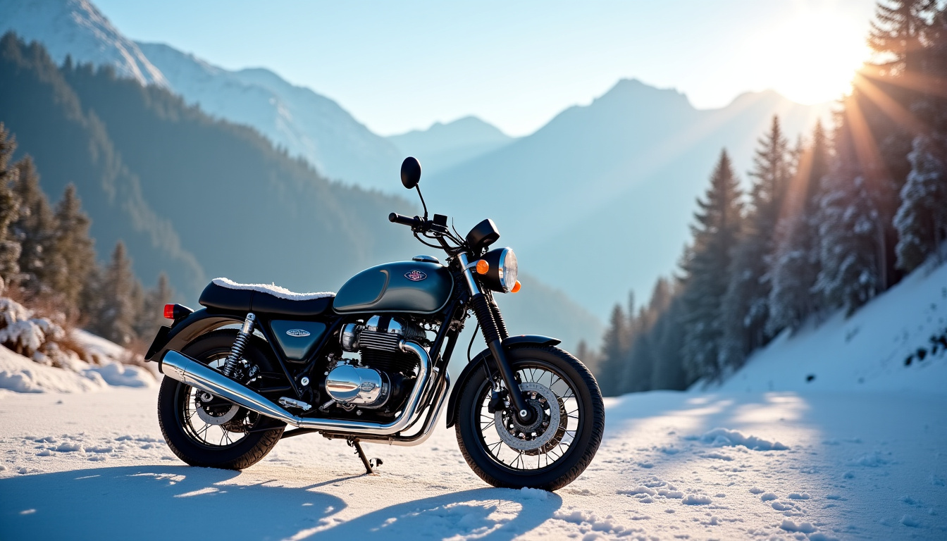 Moto Guzzi V100 Mandello sur fond de paysage alpin en hiver