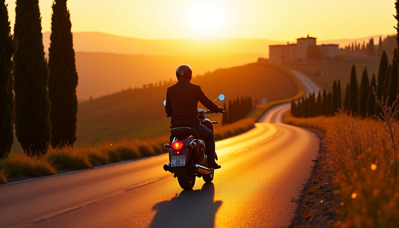 Moto italienne roulant sur une route de campagne toscane au coucher du soleil