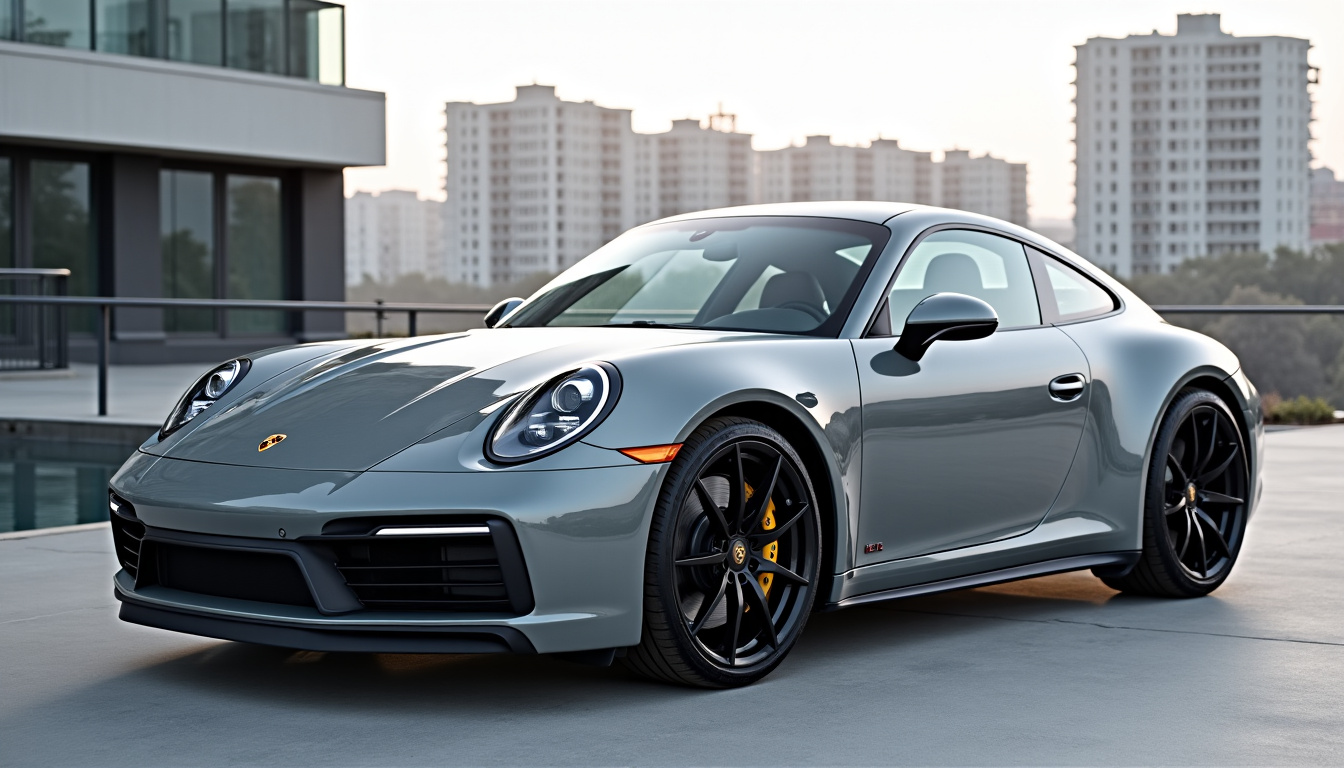 Porsche 911 en teinte gris Nardo garée devant un paysage urbain moderne