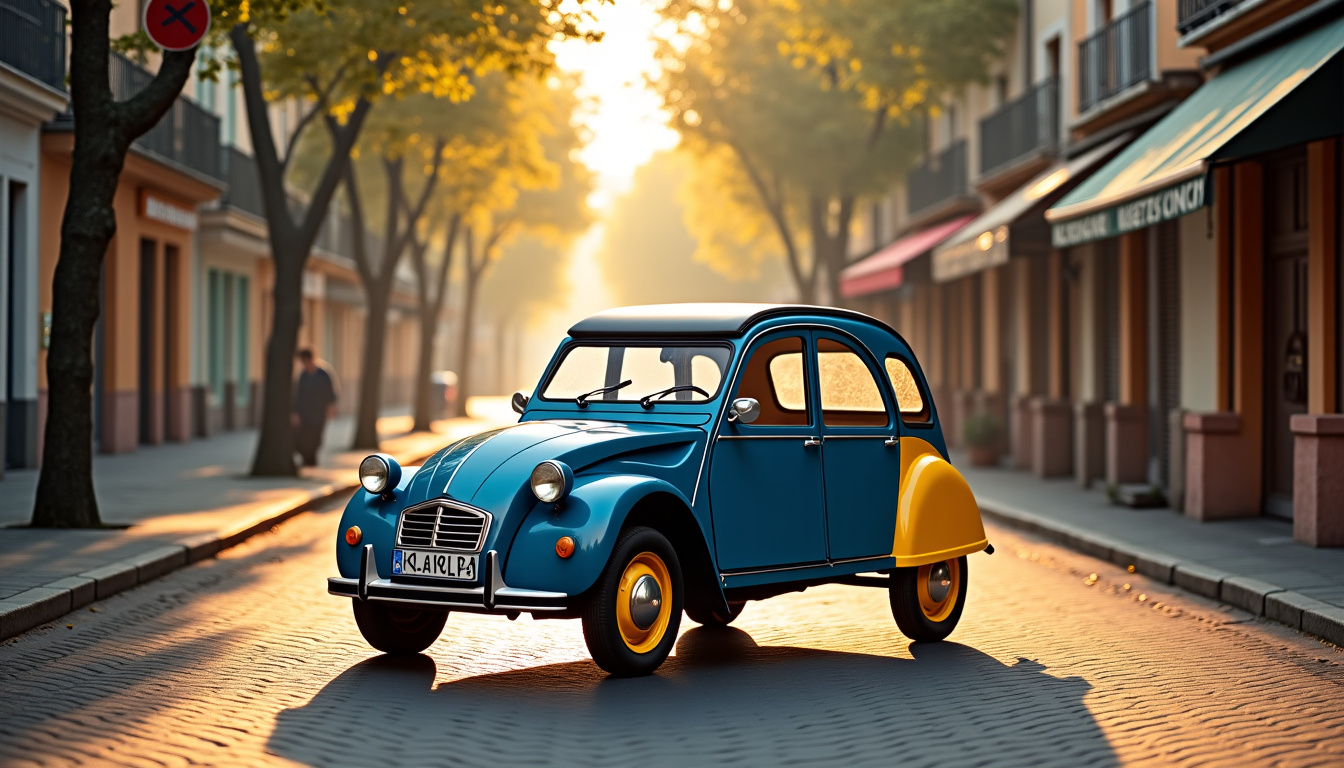 Citroën 2CV Dolly de troisième série, en combinaison Bleu Nuit et Jaune Rialto, photographiée dans un cadre urbain rétro