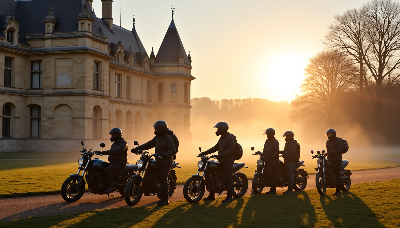 Groupe de motards stationnés devant le château de Fontainebleau prêt à démarrer une balade en forêt