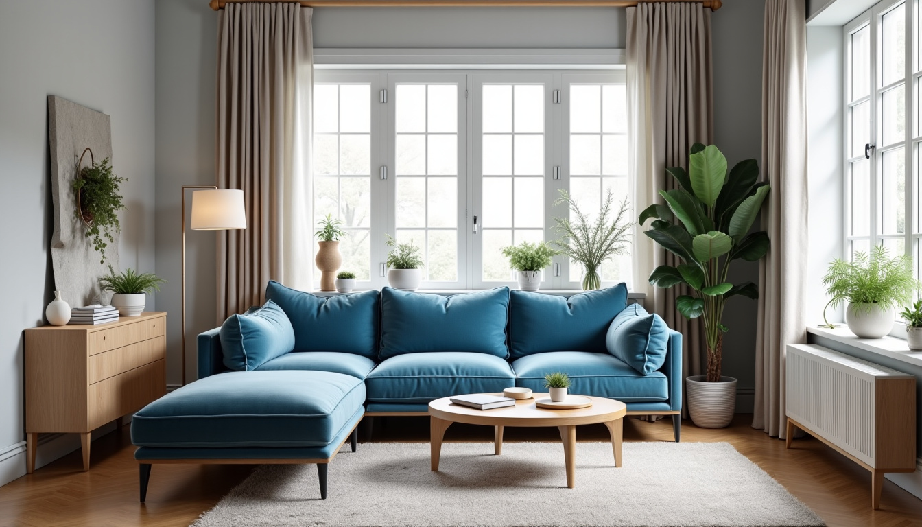 Salon décoré avec des murs gris Nardo, canapé en velours bleu et éléments en bois clair