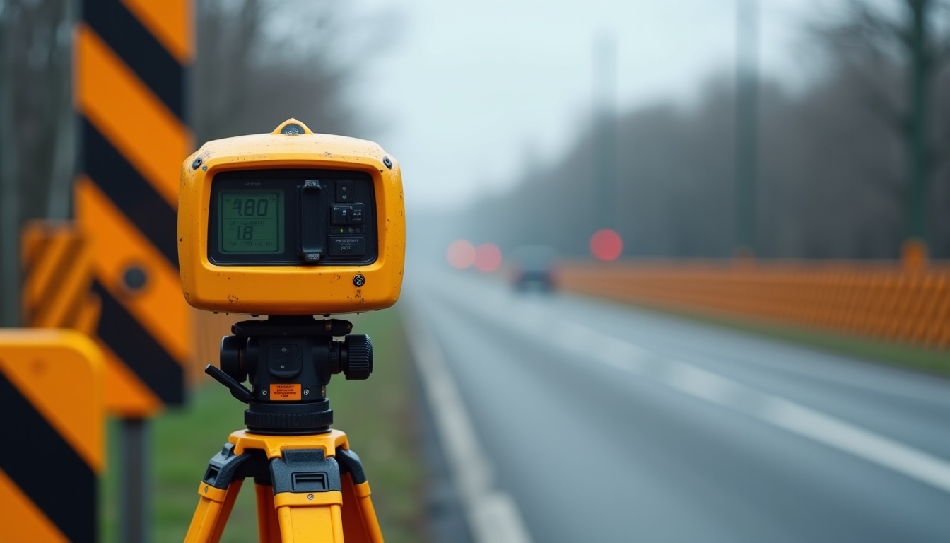 Vue rapprochée d’un radar autonome de chantier installé sur une route avec panneaux de signalisation temporaire